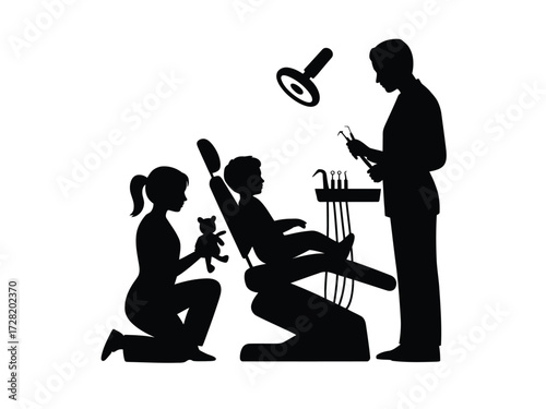 Black silhouette dental assistant child patient dentist tools vector