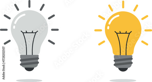 Two light bulbs representing ideas and innovation one lit and one unlit.