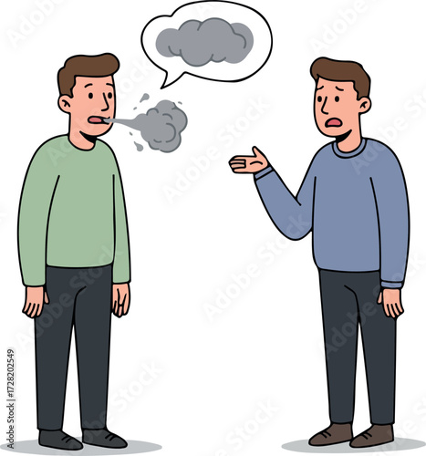 Two men are talking about a cloud of bad breath and thoughts.