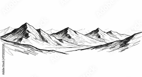 Mountain Range Illustration A Detailed Black and White Sketch Depicting Rugged Peaks and Scenic Valley