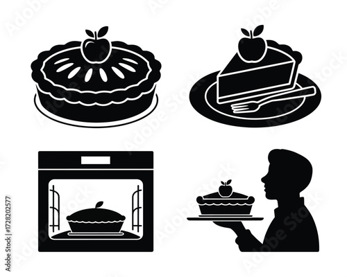 Black silhouette dessert scenes apple pie baking serving whole pie slice