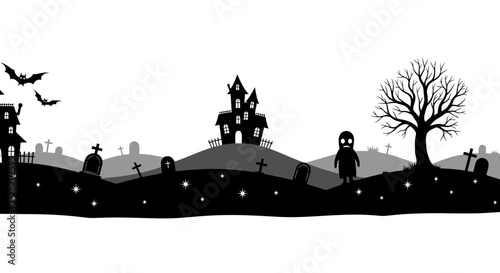 Halloween Silhouettes Spooky Nighttime Landscape Featuring Ghosts, Bats, and Haunted Houses