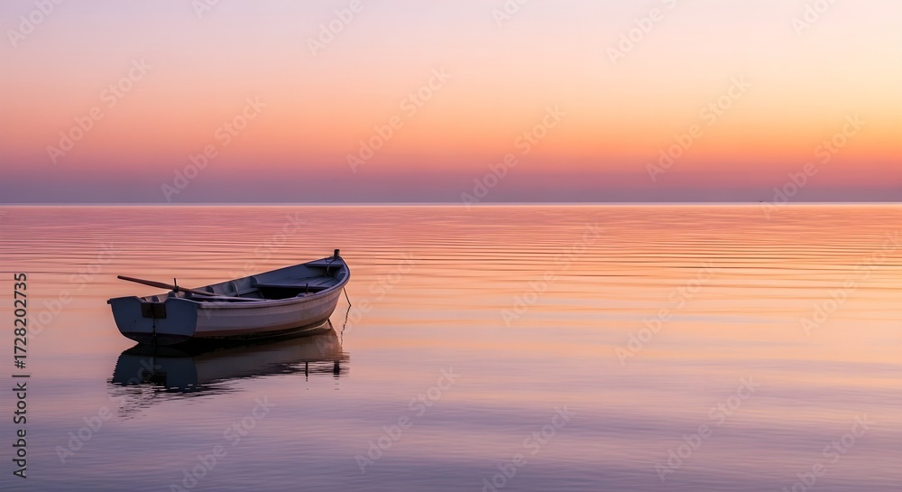 Naklejka premium Serene Boat at Sunset Tranquil Waters and a Vivid Sky Reflecting on Peaceful Moments