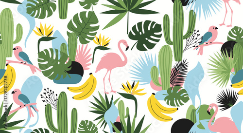 Vibrant tropical paradise pattern featuring pink flamingos, colorful parrots, lush green foliage, and bright yellow bananas, perfect for summer designs.