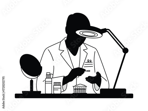 Black silhouette dermatologist examining skin under lamp skin examination medical lamp