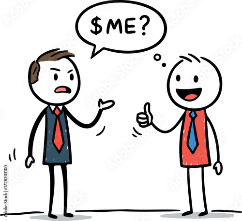 Two stick figures in a conversation about money and agreement.