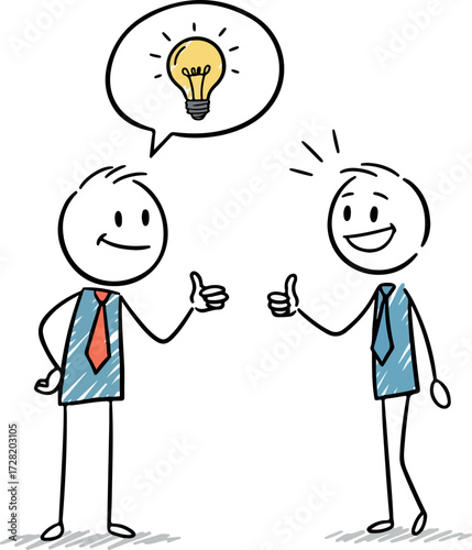 Two stick figures sharing an idea and giving thumbs up.
