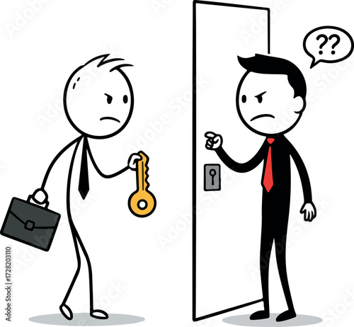 Two stick figures with key and door expressing confusion and frustration.