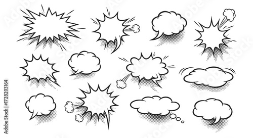 Dynamic comic book speech bubbles and thought clouds capture attention with retro pop art style for engaging dialogue and expression