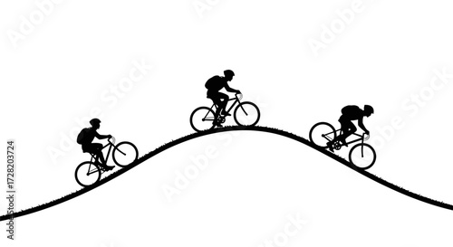 Three cyclists in silhouette conquer challenging hills, embodying determination and athletic pursuit on their adventurous journey.