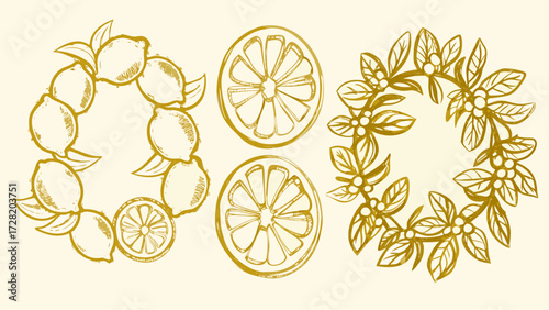 Vibrant golden lemon and citrus wreath designs offer a fresh, natural aesthetic perfect for branding, packaging, and celebratory invitations with a sunny feel.