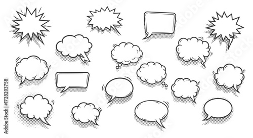 Dynamic comic book speech bubbles and thought clouds collection offering expressive dialogue and communication for creative projects and marketing campaigns