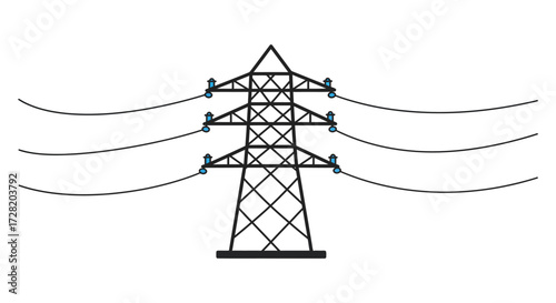 Simple illustration of high voltage power lines and transmission tower silhouette