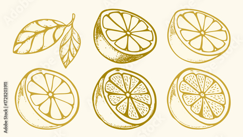 Elegant gold citrus slices and leaves create a refreshing and vibrant design perfect for culinary or health branding.