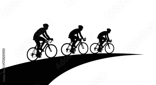 Dynamic cyclists racing downhill on a winding road, capturing the thrill of speed and athletic achievement in bold silhouette