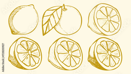 Vibrant hand drawn citrus collection featuring lemons and oranges with leaves, perfect for fresh branding and vibrant designs