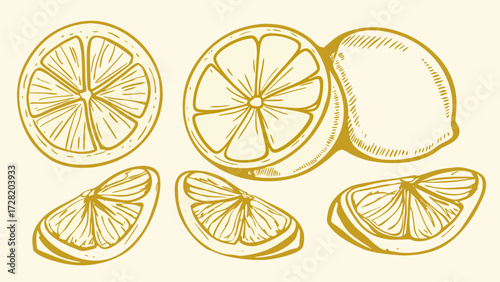 Vibrant hand drawn golden lemon slices and whole fruit illustration perfect for refreshing designs and culinary themes