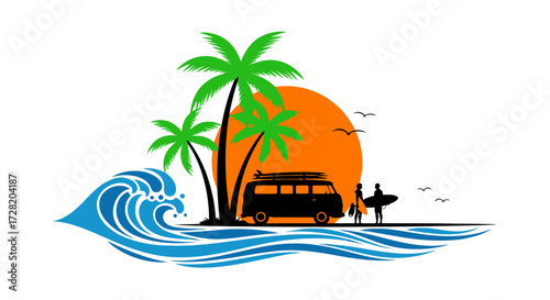 Vibrant sunset beach scene with surfers, palm trees, and a vintage van evoking summer adventure and coastal freedom