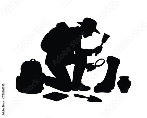 Black silhouette explorer examining ancient artifacts archaeologist excavation