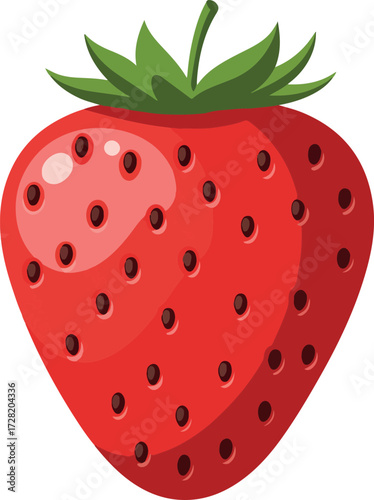 Vibrant red strawberry with green leaves and tiny seeds fresh and juicy.