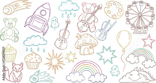 Vector art of assortment of colorful drawings with rockets, teddy bears, and rainbows