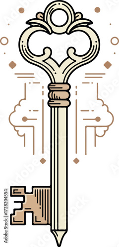 Vintage Key Illustration with Ornate Design and Details.