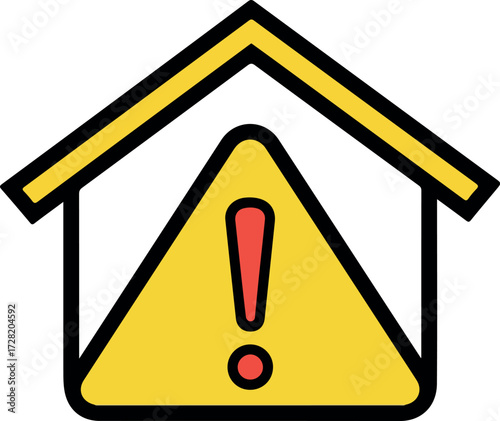 Warning sign inside a house shape indicating potential danger or hazard.