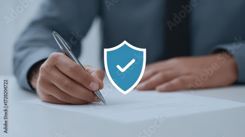 Close-up of Hand Signing Document with Shield Icon Representing Security and Trust in Business Agreements and Contractual Obligations