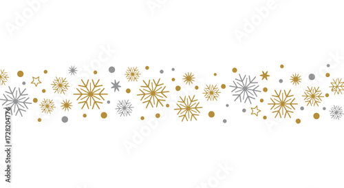 Elegant gold and silver snowflakes and dots create a festive winter border, perfect for holiday greetings and seasonal designs.