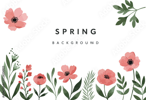 Watercolor floral spring background with pink flowers and green leaves.