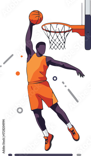 Dynamic vector illustration of a basketball player in mid-air performing a powerful slam dunk, isolated on a white background with abstract elements