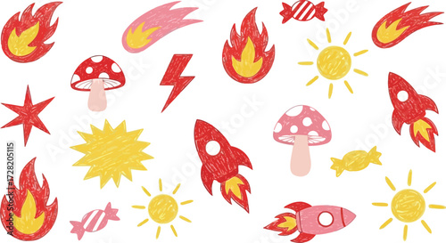 Vector art of assortment of colorful, crayondrawn space and fire elements