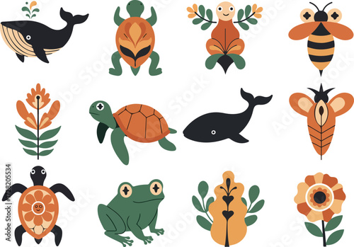 Whimsical animal illustrations featuring whales turtles bees and frogs.