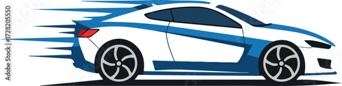 White and Blue Sports Car with Speed Lines.
