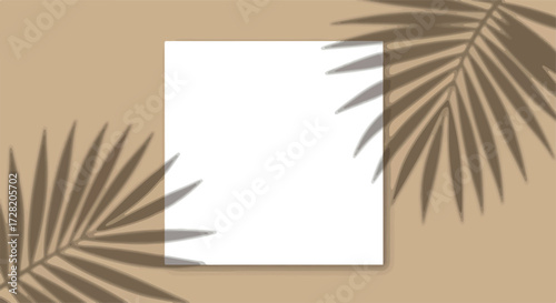 White square paper with palm leaf shadows on a beige background.
