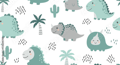 Adorable cartoon dinosaurs with palm trees and cacti create a whimsical, playful jungle theme perfect for kids' decor and apparel