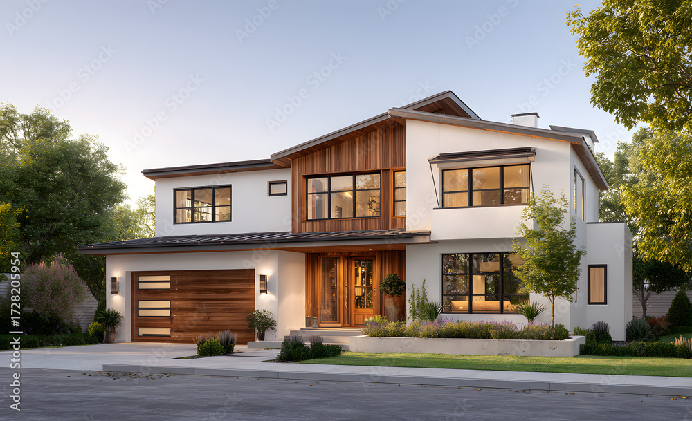 Obraz premium Architectural Visualization of Modern House with Wooden Accents