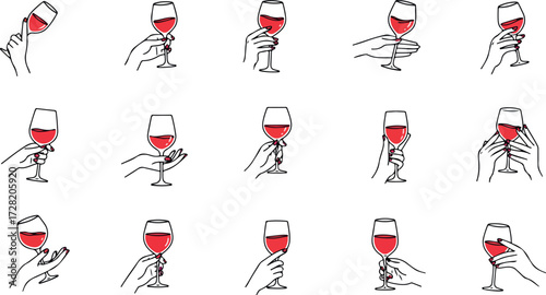 Wine glasses held in various hand positions showcasing the beverage.