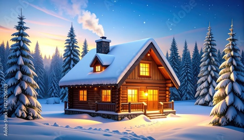 Cozy log cabin in snowy forest at dawn