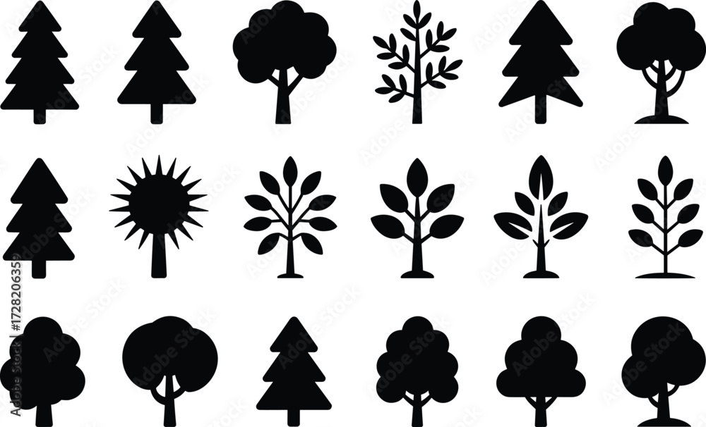 Fototapeta premium Black Tree Silhouette Icon Set – 18 Unique Tree Shapes, Foliage Styles, Nature Elements for Design, Environment, and Vector Illustration