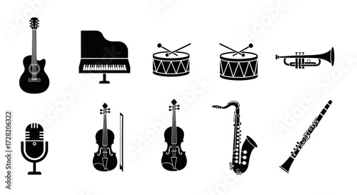 Discover diverse musical instruments including guitar, piano, drums, trumpet, violin, saxophone, clarinet, and microphone icons for your creative projects.