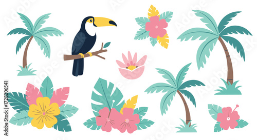 Vibrant tropical paradise elements with a toucan bird, palm trees, and exotic flowers creating a lively summer vacation vibe