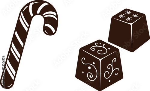 Candy Cane and Decorated Chocolates – Festive Holiday Treats in Elegant Style, Black and White Vector Illustration for Seasonal Design Use