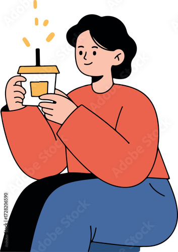 Woman holding coffee cup enjoying beverage smiling with happiness.