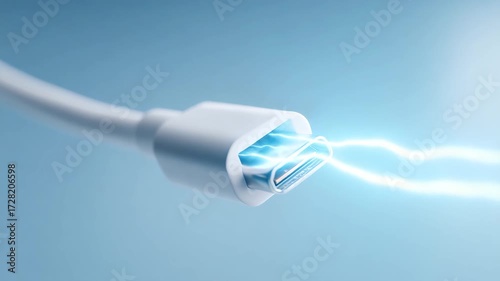 White USB Type C Cable with Electric Energy Effect, Fast Charging Technology, Modern Power Transfer, White Connector, Blue Background, Digital Device Innovation, Charging Energy, Futuristic Electric
