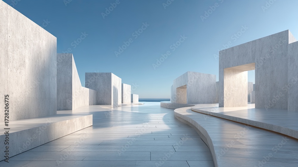 Obraz premium Minimalist Concrete Architecture Exterior Under a Clear Blue Sky with Geometric Shapes and Structures in Bright Sunlight