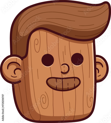 Wooden head illustration with a smiling face and brown hair cartoon style.