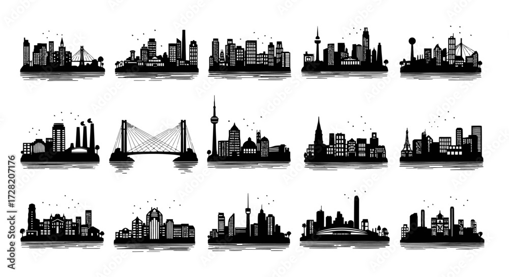 Fototapeta premium Stunning collection of diverse city skylines and iconic architectural silhouettes perfect for urban design projects