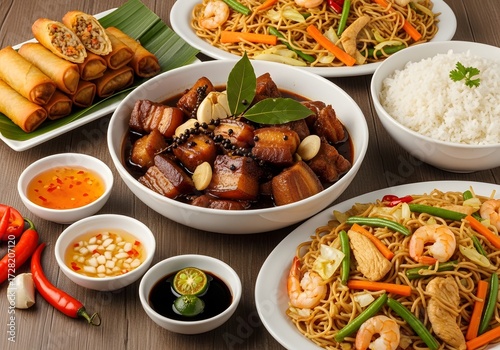 Delicious filipino cuisine featuring adobo pancit and lumpia ready to be served and enjoyed