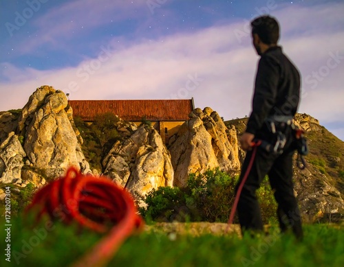 Man stands at night, rock face and building